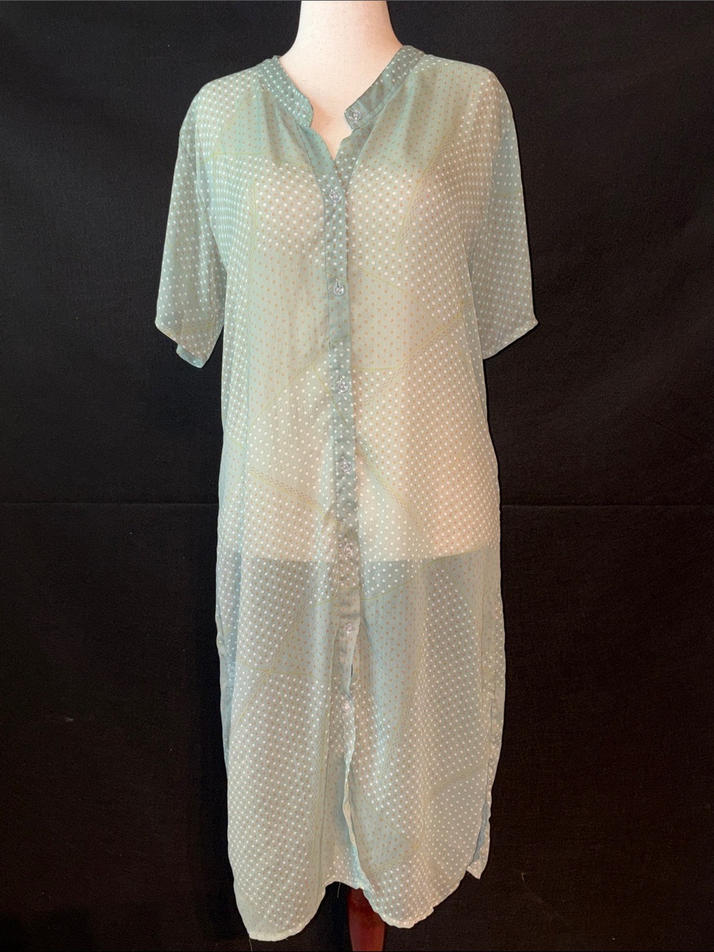 Yak n Yeti Light Sage Polka Dot Sheer Button-Front Summer Cover Up Size Large